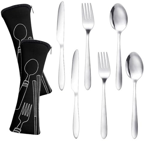 HonGien 2 Sets Edelstahl Besteck Campingbesteck Edelstahl Reisebesteck mit schwarzer Tasche 6 Stück Reisebesteck Camping Edelstahl Tragbares Besteck für Ausflüge im Freien, Picknicks, Büros