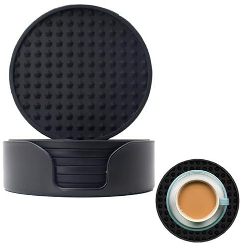 Sottobicchieri in silicone – Set di sottobicchieri per tavolino da caffè – Confezione da 6 sottobicchieri ispessiti, supporto incluso, protezione anti-trabocco, decorazione rotonda stile europeo per