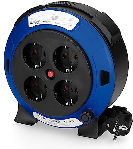 Kabeltrommel, 5 m, 3 x 1 mm, mit 4 T/TL-Steckdosen und Thermoschutz, ideal, um Ihre Geräte organisiert und geschützt zu halten. Organisieren Sie Ihren Raum stilvoll und sicher