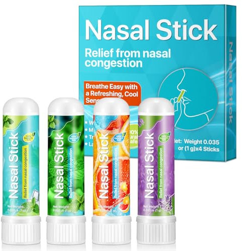 Palillo nasal,4 piezas palillo de inhalación para la nariz,Aceites refrescantes de menta,Alivio de la congestión nasal,Inhalador portátil,para la congestión nasal,Mejora la respiración