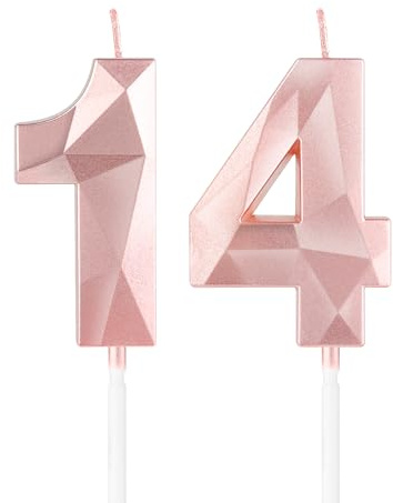 Rose Gold 14th Birthday Candles,3D Number 14 Candle for Cake,Girls 14th Birthday Decorations,Rose Gold 14 Candle Cake Topper for Girls Her Him Birthday Party Wedding Decorations