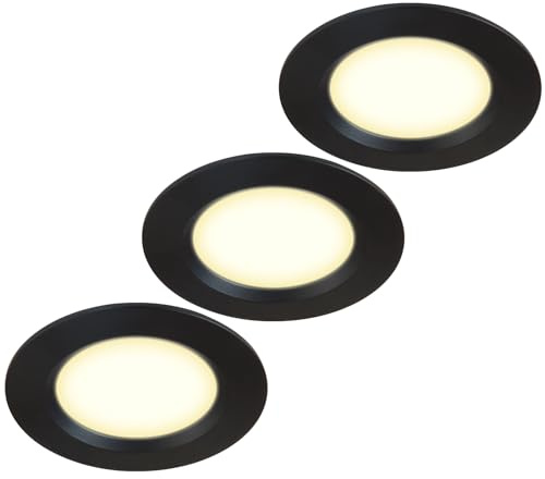HCFEI Uppsättning av 3 möbellampor, 12 V, ultra platt, 3 W, LED-infällda spotlights, 55 mm, hålutskärning med 2 m, kabel, IP44, takspotlights för spegelskåp, vitrinskåp, möbler och skåp (svart 3 000 K