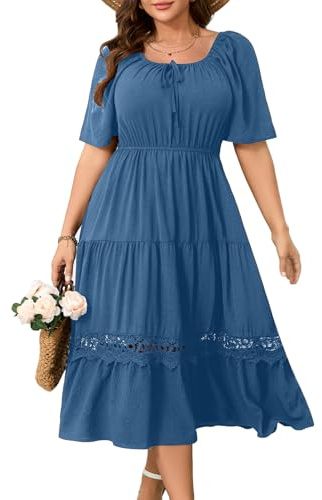 RWJ Maternity Summer Dress, Wedding Guest Dresses Flowy Plus Size Dresses for Curvy Women Short Sleeve Square Neck Flowy A-Line Boho Casual Baby Blue Sundress 3X-Large