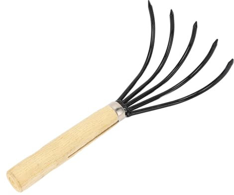 Oumefar Rake a Mano de Jardín 5 Cultivador de Punta 5 Cultivador de Garras de Dientes de Acero de Carbono con de Madera Ergonómico para Relajar el Suelo (Largo)