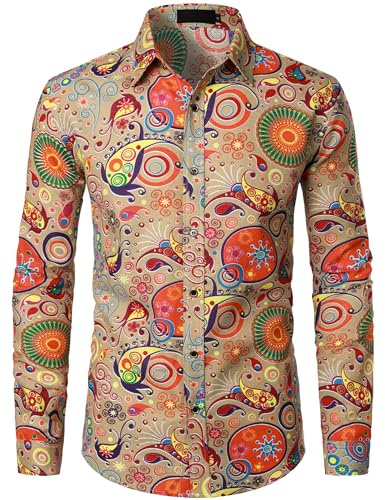 PARKLEES Men's 70s Hippie Vintage Long Sleeve Shirt Khaki L