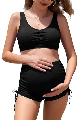 SHEKINI Maillot de Bain Maternité Taille Haute Maillot de Bain Grossesse 2 Pièces Cordon Latéral Réglable Bikini Grossesse