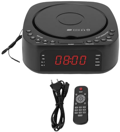 Kavolet CD MP3 BT Radioväckarklocka med Högtalare, USB-laddning, Dimbar Display, Fjärrkontroll för Sovrum, Toppladdningsdesign, Dubbla Larm, Insomningstimer, LED-skärm (#1)