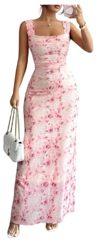 GORGLITTER Women's Square Neck Bodycon Fishtail Maxi Dress Going Out Dress | Coquette Floral Print, Retro Elegant Style, Ruched Sexy Party Dress, Evening Dress, Sleeveless Tank Dress