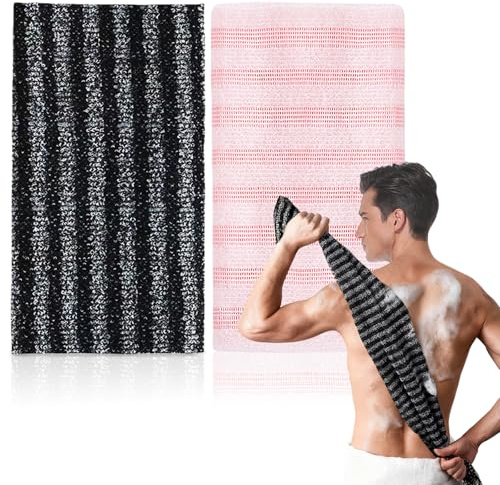 Flintronic 2 stycken badsvamp, ryggskrubbe ryggborste, ryggborste dusch, tätt skum, extra långa 100 cm badsvampar peeling djuprengöring ultramjuk, stil B svart + rosa