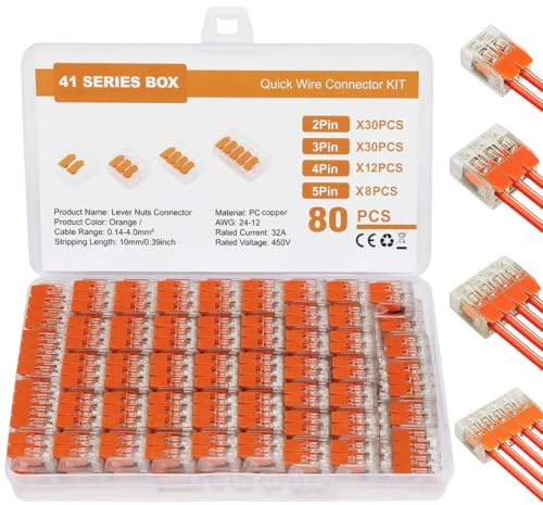 Nicewa 80 stycken kabelkontakter set, 2/3/4/5-stifts kabelklämmor, elektriska ljuskronklämmor, anslutbara upp till 4 mm², spakanslutningsklämmor för fasta och flexibla ledare, i förvaringslåda