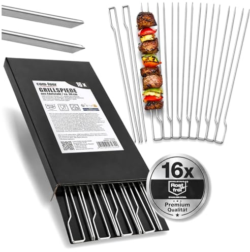 com-four® 16 Spiedini BBQ Premium – Spiedini doppi 30 cm in acciaio inox – Per carne, pesce & verdure – Nessuno scivolamento, alla griglia
