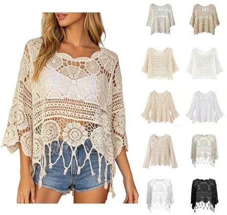 2026 Women's Fringe Trim Sheer Beach Cover Up Boho Crochet 3/4 Sleeve Lightweight Knitted Bikini Cover Ups Hollow Out Swimwear See Through Mesh Resort Round Neck Cropped Top for Vacation
