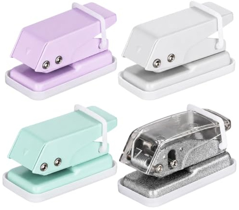 4-Pair Single Hole Punch Set, Silver Grey, Green, Purple, White | Mini Handheld Hole Puncher for Paper, Cards, Tags, Office and School Crafts