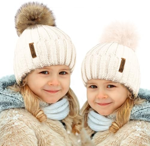 TOSKATOK® Kids Girls Winter Beanie Bobble Hat with Detachable Changeable Faux Fur Pom Pom-Cream
