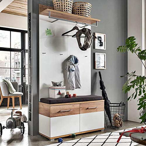 Lomadox Flur-Garderoben-Set in weiß, Navarra - Eiche - Nb., inkl. Garderobenpaneel