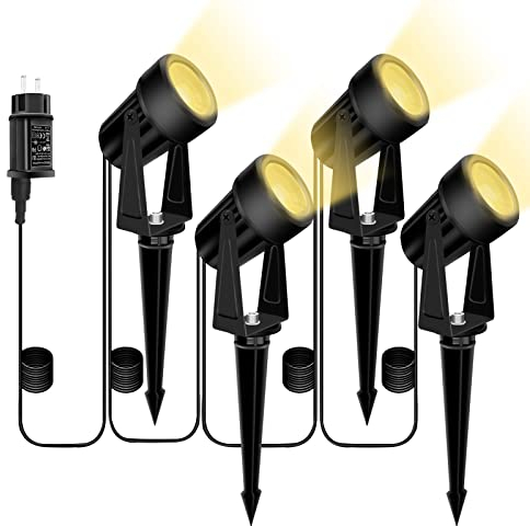 Bomcosy Gartenbeleuchtung, 14M/4er Set Gartenleuchte mit Erdspieß, DC 27V 600LM IP65 Wasserdicht LED Gartenstrahler mit Stecker, Warmweiß Scheinwerfer Gartenlampe Wegbeleuchtung Spot Außenbeleuchtung