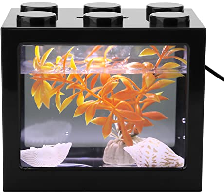 Acryl-Mini-Aquarium, Aquarium-Starter-Kits, Mini-Aquarium, Reihenaquarium, Stapelbarer Würfelbehälter, Desktop-Mini-Aquarium, Schale mit USB-LED-Licht(Schwarz)