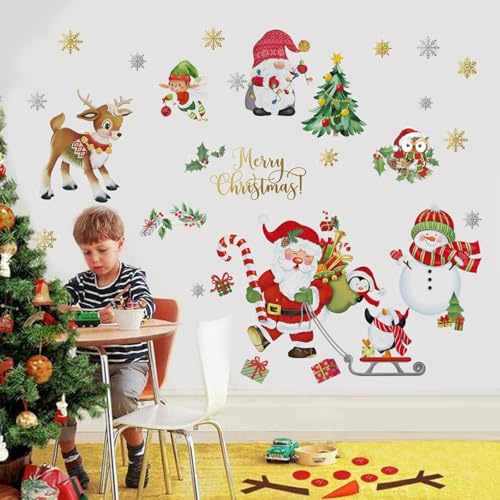 decalmile Jul fönster väggdekaler jultomten älg väggklistermärken snögubbe snöflinga vinter pingvin fönster fästen barnrum hem fest butik dekorationer