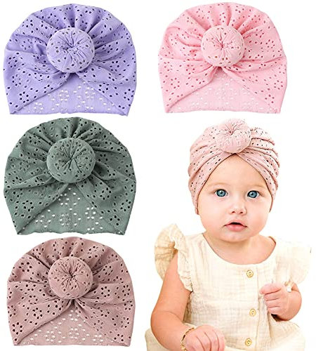 Baby Mütze für Mädchen, MoreChioce 4 Stück Baby Turban Hüte Mütze Neugeborenenmütze Brötchen Knoten Baby Infant Beanie Stirnband Babymützen Erstlingsmützen Caps