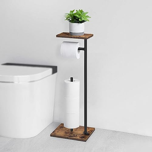 UOMIO Support de rouleau de papier toilette avec étagère de rangement en bois, support de papier toilette autonome avec étagère pour téléphone, distributeur de papier de rechange pour 4 rouleaux de