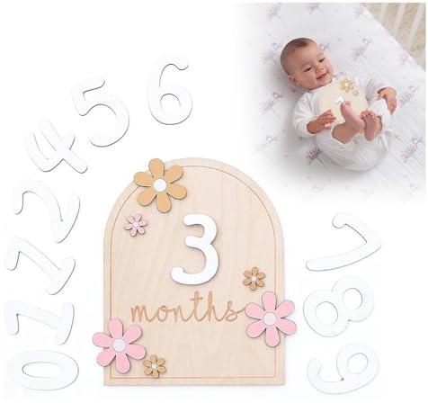 Meilensteinkarten Baby Holz, Baby Monatskarten 1-12 Monate Junge Mädchen Baby Geschenke für Babyparty Werdende Mütter/Eltern