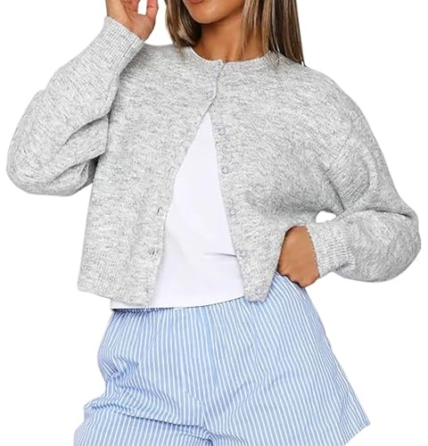 Womens Y2K Cardigan Sweaters Long Sleeve Open Front Button Down Crop Sweater Solid Knit Pullover Fall Outfits Tops (Light Gray, M)