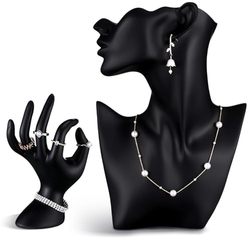 Yalikop 2 Pcs Resin Jewelry Mannequin Display Set Including Boutique Bust Holder and Hand Ring Holder Necklace Stand Display Earring Holder Organizer for Bracelets Pendant Shows Selling (Black)