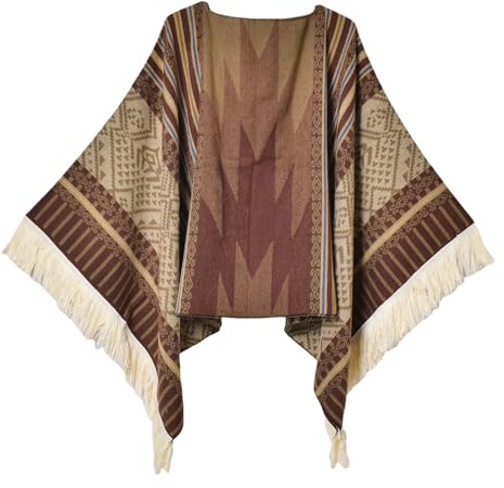 Iris Sprite dampullover poncho etnisk stil poncho för kvinnor tofsar stickade sjalar och sjalar capes, Kaffe, one size