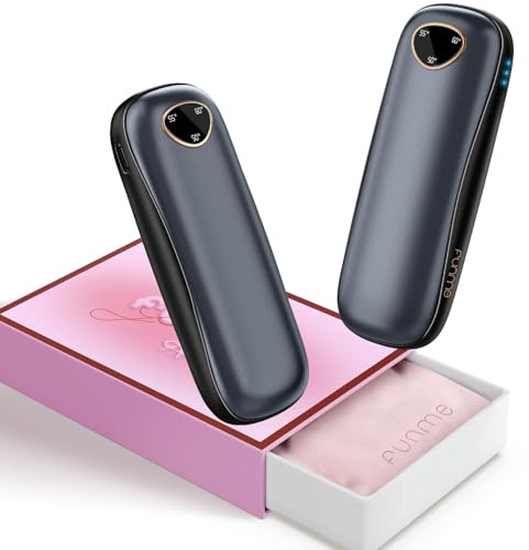 Funme 2-pack Uppladdningsbar Handvärmare 10 000 mAh, 3 Värmenivåer till Högst 60 °C, Bärbara Fickvärmare för Kvinnor, Perfekt för Utomhus