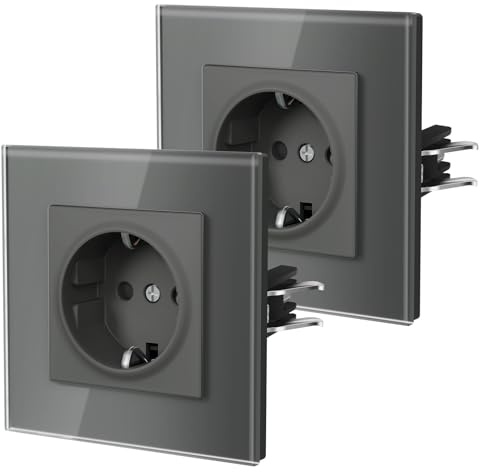 BSEED Enchufe Pared con Cristal,Enchufes Empotrable Estándar,Instalación Con Garfio,Conexión sin Destornillador,Seguridad infantil,E-Serie,1 Enchufe - 2 Paquetes,86mm Gris