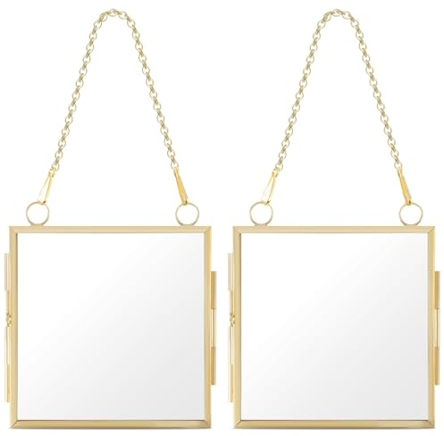 2Pcs Wall Hanging Mini Photo Frames Double Sided Metal Glass Picture Frame with Chain 8x8cm Folding Frame DIY Vintage Artwork Display Frames for Pressed Flowers Pictures Home Wall Decor