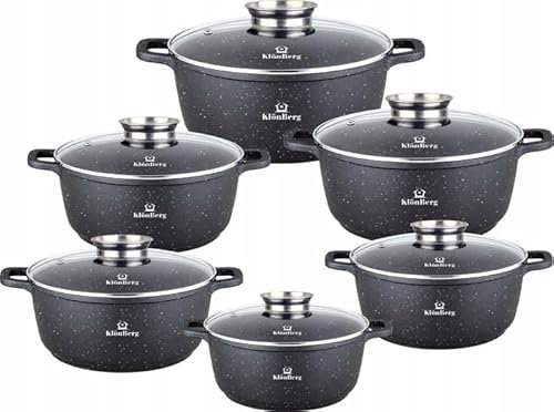 Klönberg 12-teiliges Topfset, antihaftbeschichtet, ideal für alle Herdarten, mit Deckel, schnell aufheizbar, Induktionstöpfe KB4021 (Schwarz, 12)