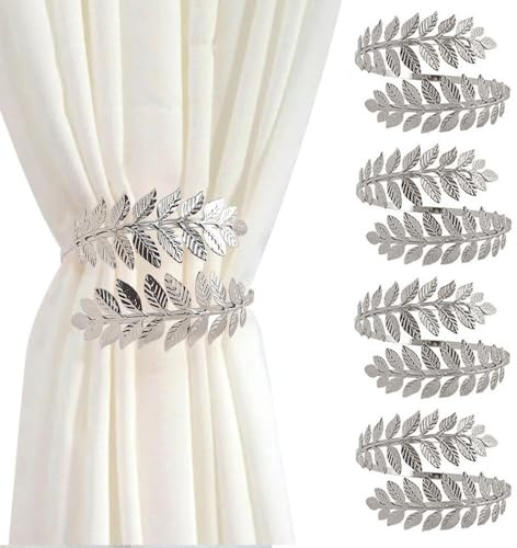 XFSRG Ganci per Tende Dorati a Forma di Foglia Fermatende Eleganti per Decorazioni Interne Accessori per Tende e Tendine Raffhalter per Salotto e Camera da Letto (Argento, 4 Pezzi)
