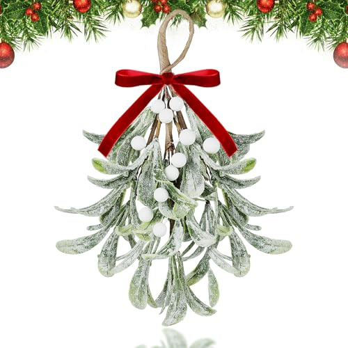 QTDS Mistletoe Christmas Decor Artificial Hanging Ornament with Red Velvet Ribbon Bow White Berries - Artificial Mistletoe Kissing Floral Decoration Pick for Kitchen Doorway Fireplace Tree