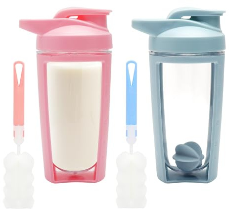 VQBKHO Juego de 2 vasos de batido de proteínas con bola mixta sin BPA doble capa 500 ml con escala y tapa botella deportiva a prueba de fugas para fitness dieta, hombres y mujeres (azul y rosa)