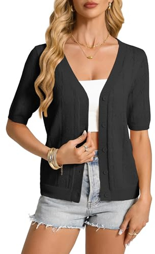 GRACE KARIN Cardigan da donna a maniche corte leggero cardigan lavorato a maglia con bottoni a V coprispalle bolero, Nero , XXL