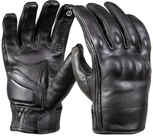 MDM Motorcykelhandskar i svart Nappaläder för herr – Knogskydd, Förstärkt halkfri handflata, Touchscreen-finger och Justerbar passform – Retro Biker Full Black