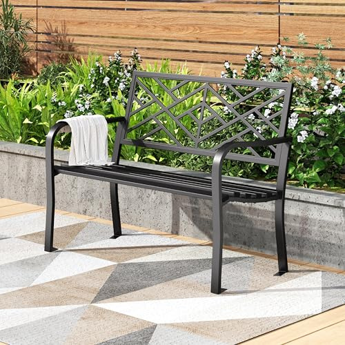 PHI VILLA Garden Bench Metal Steel Frame with Geometric Cast Iron Backrest