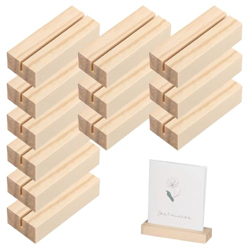 MKtoko 12Pcs Wooden Place Card Holders, Natural Wood Table Number Stands, Name Memo Picture Display Card Holder for Wedding Dinner Party Events Home Decoration, 6x2.5x1.5cm