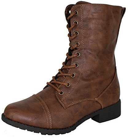 Forever Link Womens Mango Round Toe Military Lace up Knit Ankle Cuff Low Heel Combat Boots Brown 7.5 B(M) US
