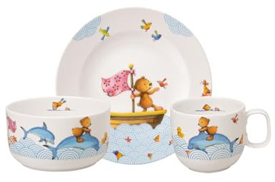 Villeroy & Boch - Kiddy Bears Set Di Stoviglie Per Bambini 3 Pz. 3 Pezzi Blu, Lavabile in Lavastoviglie, Adatto per Microonde, Happy as a Bear, Piatto, Scodella, Tazze, Porcellana Premium