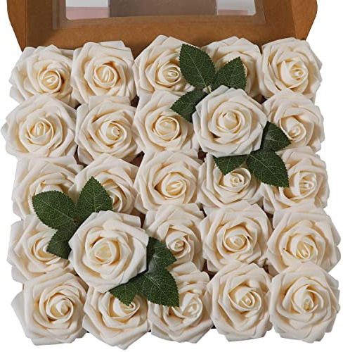 Ruiuzioong Fiori Rosa Artificiali 25 Pezzi Rose Finte Schiuma Aspetto Reale con Foglia e Gambo Regolabile per DIY Matrimoni Mazzi Nuziale Festa Casa Stanza Decorazioni (champagne, 25 Pezzi)