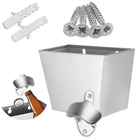 Stainless Steel Wall Mounted Bottle Opener and Cap Catcher Set for Bar and Kitchen - Includes 4 Mounting Screws and 2 Wall Plugs