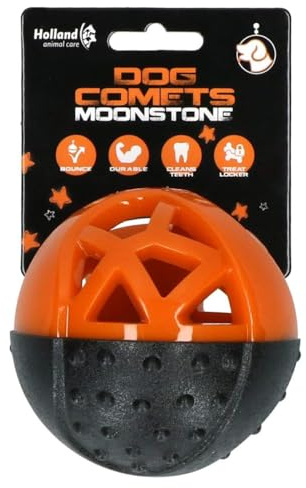 Dog Comets Moonstone – Ø 9 cm – rund hundleksak – intelligensleksak – hundleksak med pipande – snackboll för hundar – hoppande – med gnissel – gummi – orange