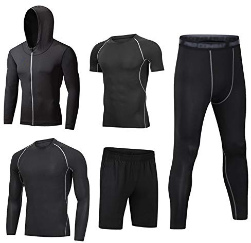 HZQIFEI Uomo 5 Pezzi Completi Sportivi Abbigliamento Set Giacca con Cappuccio Manica Corta/Lunga Camicie a Compressione Pantaloni a Compressione Pantaloncini (Style#5, L)