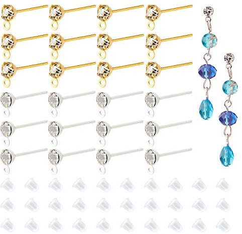 PandaHall 120 Stück Strass Ohrringe Ohrstecker Mit Schlaufe 200 Stück Schleife Schmetterling Hypoallergene Messing Ohrringe Ohrstecker Für DIY Ohrhänger Schmuckherstellun, Gold/Silber
