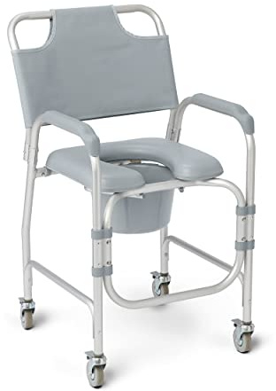 Medline Aluminum Padded Shower Chair Commode with 4 Locking Casters, 300 lbs. Capacity — For Restroom, Bathroom & Wheelchair Transfer to Toilet, 1 Ct.