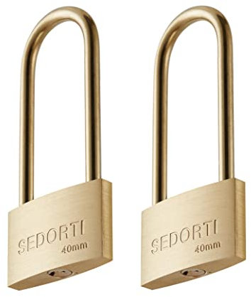 SEDORTI Candados Cerradura a prueba de clima, con llave iguales de latón macizo con grillete largo de latón, servicio ligero, cuerpo de 1-1/2 pulgadas de ancho, bloqueo antioxidante, paquete de 2