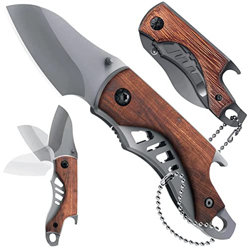 HONZIN Coltello tascabile Coltello pieghevole Manico in legno Mini Multitool 3-in-1 Coltelli Serramanico da Caccia