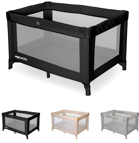 My Babiie Travel Cot - Lightweight, From Birth to 15kg, Easy Fold & Compact, Travel Bag, 120cm x 60cm Padded Mattress - Quilted Black